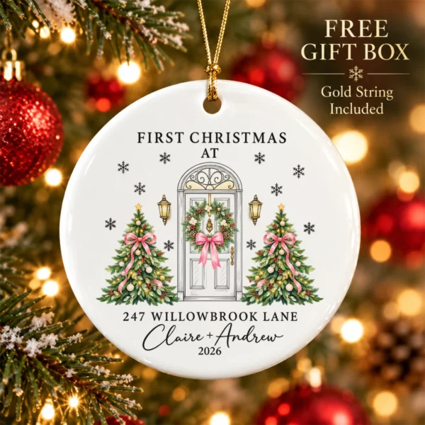 Personalized Ceramic New Home Ornament for First Christmas Couple — alternate product mockup personalized ceramic new home ornament for first christmas couple product image close-up detail