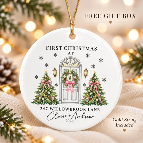 Personalized Ceramic New Home Ornament for First Christmas Couple — alternate product mockup personalized ceramic new home ornament for first christmas couple product image product photo