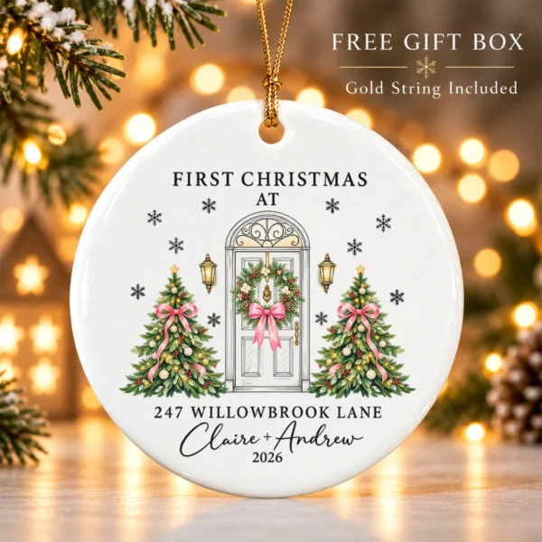 Personalized Ceramic New Home Ornament for First Christmas Couple — alternate product mockup personalized ceramic new home ornament for first christmas couple product image mockup view