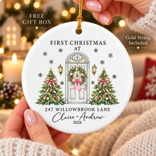 Personalized Ceramic New Home Ornament for First Christmas Couple — alternate product mockup personalized ceramic new home ornament for first christmas couple product image front view