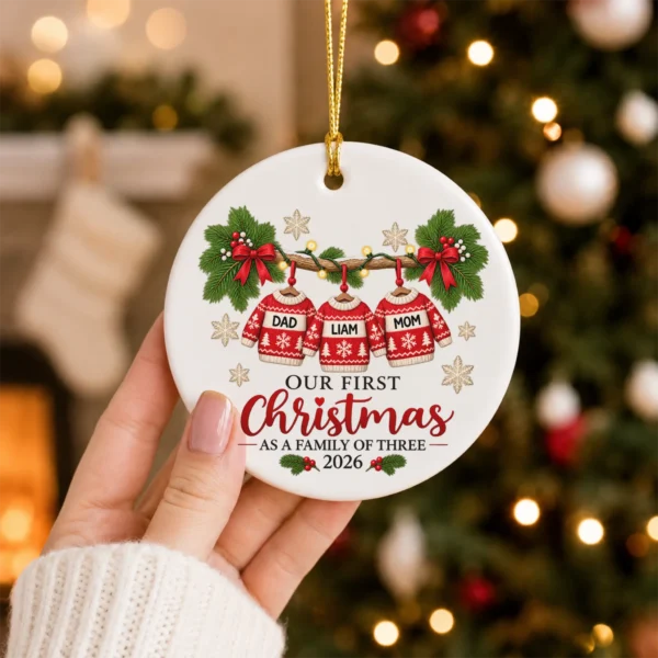 Personalized Family of Three First Christmas Sweater Ornament 2026 — alternate product mockup personalized family of three first christmas sweater ornament 2026 product image product photo