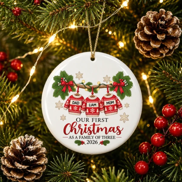 Personalized Family of Three First Christmas Sweater Ornament 2026 — alternate product mockup personalized family of three first christmas sweater ornament 2026 product image mockup view
