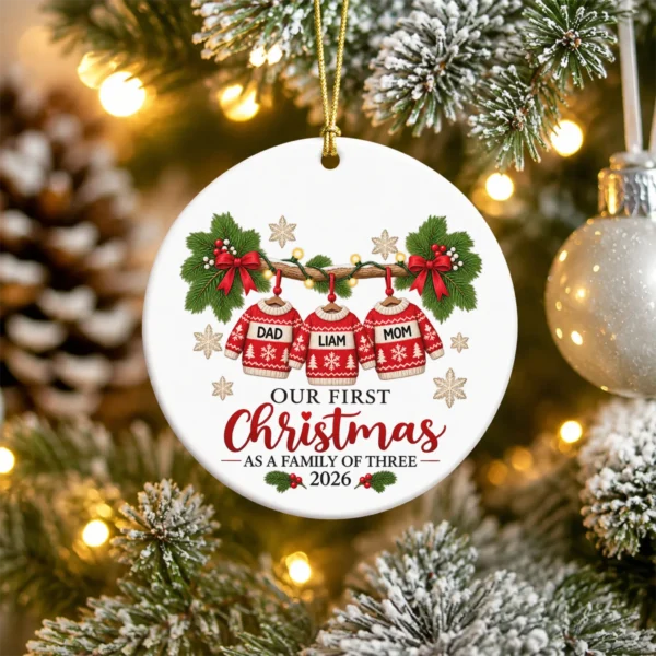 Personalized Family of Three First Christmas Sweater Ornament 2026 — alternate product mockup personalized family of three first christmas sweater ornament 2026 product image product photo