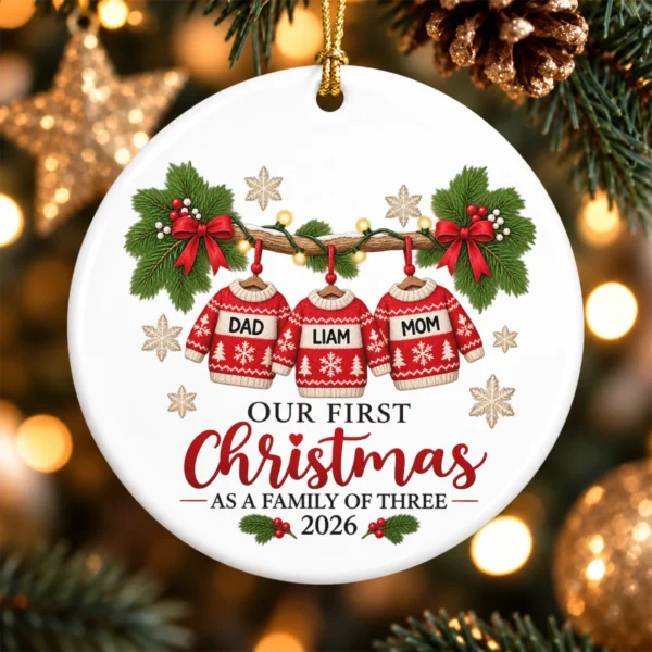 Personalized Family of Three First Christmas Sweater Ornament 2026 — alternate product mockup personalized family of three first christmas sweater ornament 2026 product image product detail