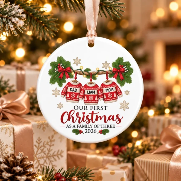 Personalized Family of Three First Christmas Sweater Ornament 2026 — alternate product mockup personalized family of three first christmas sweater ornament 2026 product image product photo