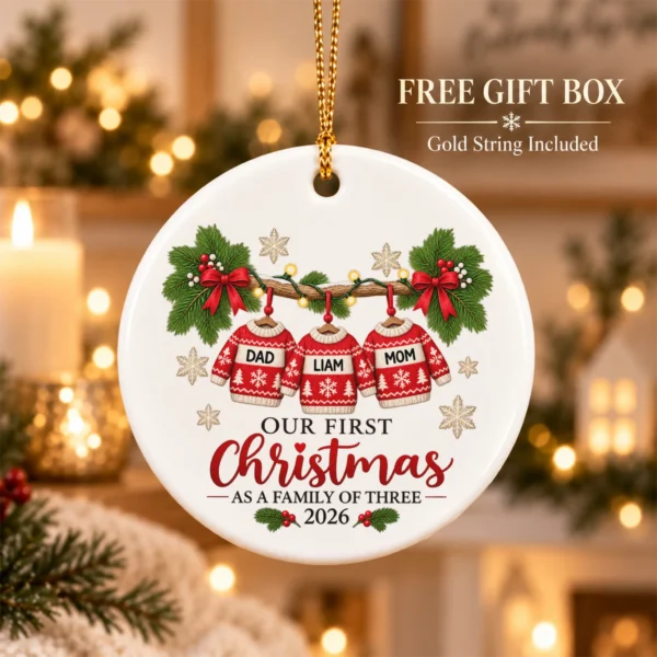 Personalized Family of Three First Christmas Sweater Ornament 2026 — alternate product mockup personalized family of three first christmas sweater ornament 2026 product image lifestyle scene