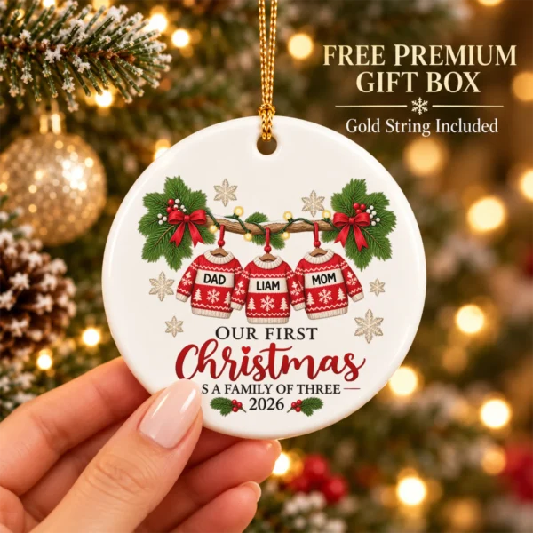 Personalized Family of Three First Christmas Sweater Ornament 2026 — alternate product mockup personalized family of three first christmas sweater ornament 2026 product image product photo