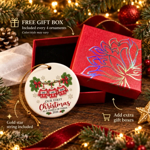 Personalized Family of Three First Christmas Sweater Ornament 2026 — alternate product mockup personalized family of three first christmas sweater ornament 2026 product image packaging view