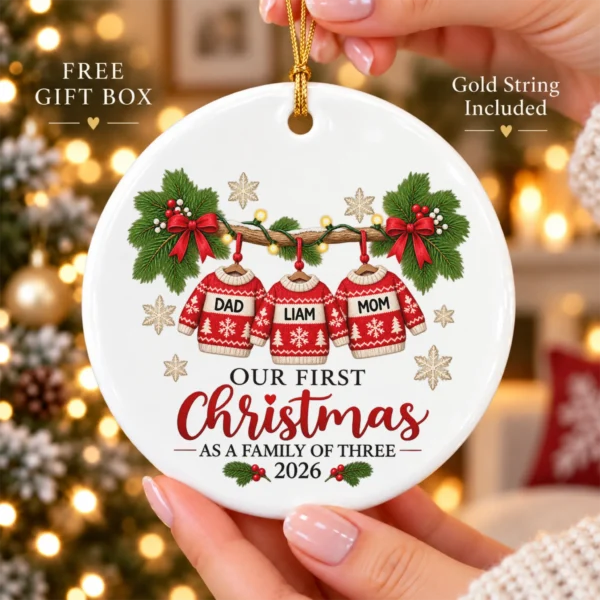 Personalized Family of Three First Christmas Sweater Ornament 2026 — alternate product mockup personalized family of three first christmas sweater ornament 2026 product image close-up detail
