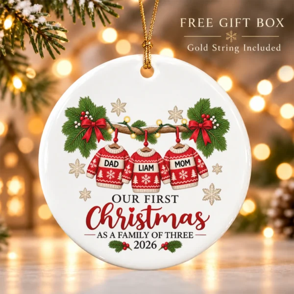 Personalized Family of Three First Christmas Sweater Ornament 2026 — alternate product mockup personalized family of three first christmas sweater ornament 2026 product image product photo