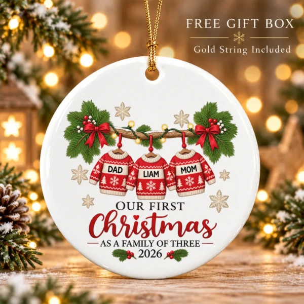 Personalized Family of Three First Christmas Sweater Ornament 2026 — alternate product mockup personalized family of three first christmas sweater ornament 2026 product image product photo