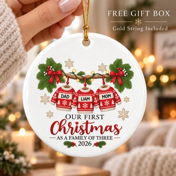 Personalized Family of Three First Christmas Sweater Ornament 2026 — alternate product mockup personalized family of three first christmas sweater ornament 2026 product image product photo