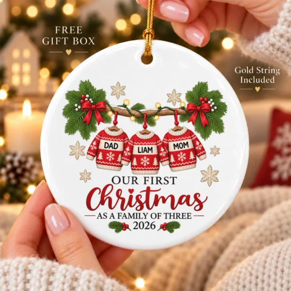 Personalized Family of Three First Christmas Sweater Ornament 2026 — product mockup personalized family of three first christmas sweater ornament 2026 product image front view