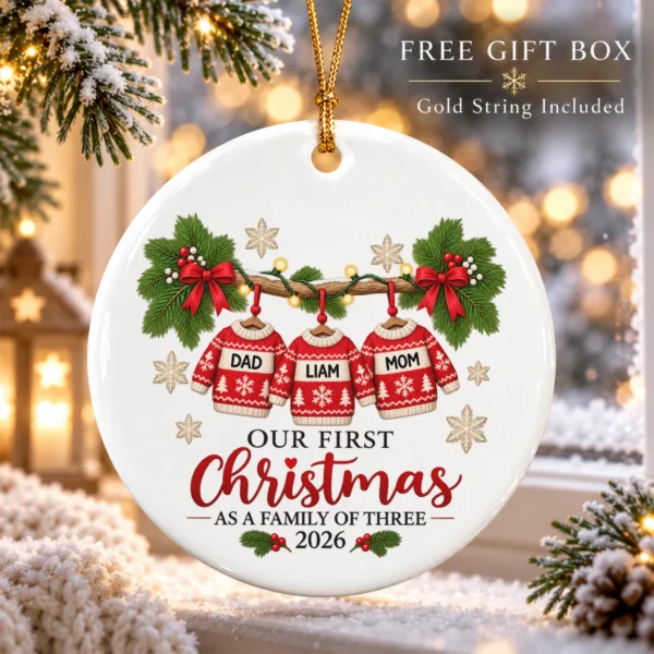 Personalized Family of Three First Christmas Sweater Ornament 2026 — alternate product mockup personalized family of three first christmas sweater ornament 2026 product image product photo