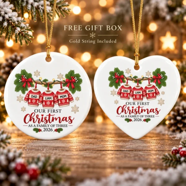 Personalized Family of Three First Christmas Sweater Ornament 2026 — alternate product mockup personalized family of three first christmas sweater ornament 2026 product image styled product photo