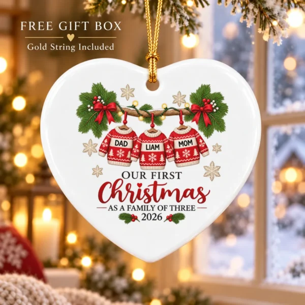 Personalized Family of Three First Christmas Sweater Ornament 2026 — alternate product mockup personalized family of three first christmas sweater ornament 2026 product image product photo