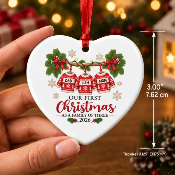 Personalized Family of Three First Christmas Sweater Ornament 2026 — alternate product mockup personalized family of three first christmas sweater ornament 2026 product image size detail