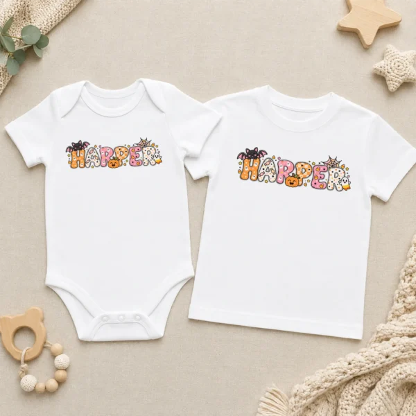 Personalized Halloween Baby Bodysuit or Toddler Shirt — baby bodysuit mockup personalized halloween baby bodysuit product photo