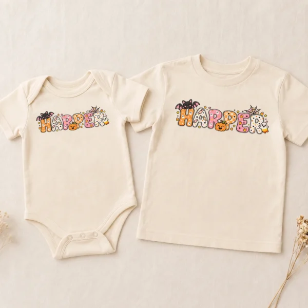 Personalized Halloween Baby Bodysuit or Toddler Shirt — alternate product mockup personalized halloween baby bodysuit close-up detail
