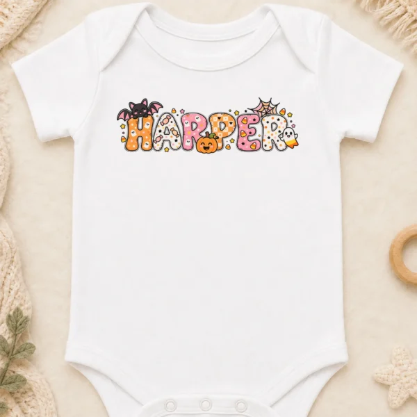 Personalized Halloween Baby Bodysuit or Toddler Shirt — baby bodysuit mockup personalized halloween baby bodysuit close-up detail