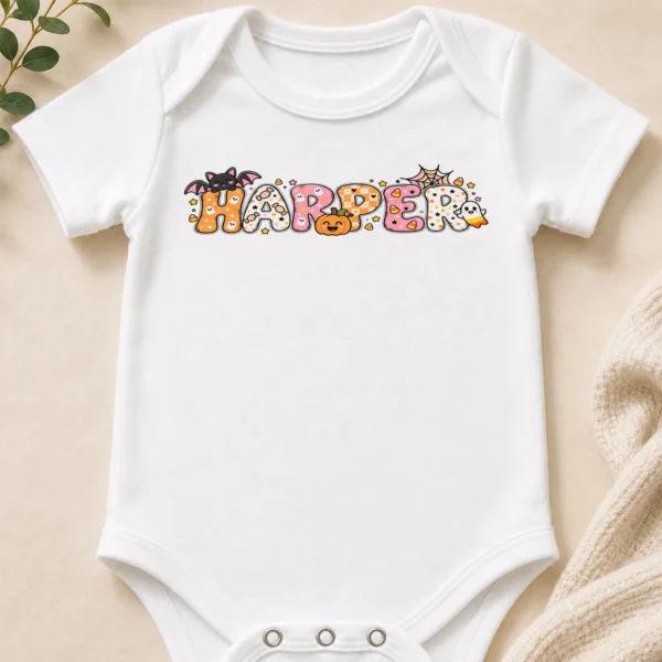 Personalized Halloween Baby Bodysuit or Toddler Shirt — baby bodysuit mockup personalized halloween baby bodysuit close-up detail