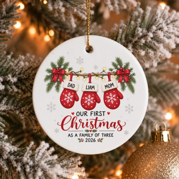 Personalized Name First Christmas As A Family of Three Ornament 2026 — alternate product mockup personalized name first christmas as a family of three ornament 2026 product image styled product photo