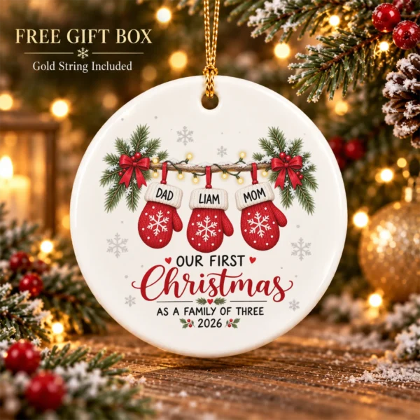 Personalized Name First Christmas As A Family of Three Ornament 2026 — alternate product mockup personalized name first christmas as a family of three ornament 2026 product image alternate angle