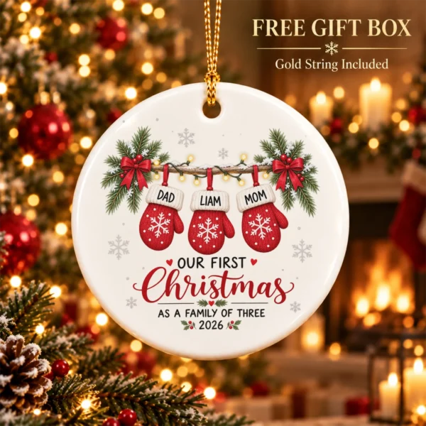 Personalized Name First Christmas As A Family of Three Ornament 2026 — alternate product mockup personalized name first christmas as a family of three ornament 2026 product image product photo
