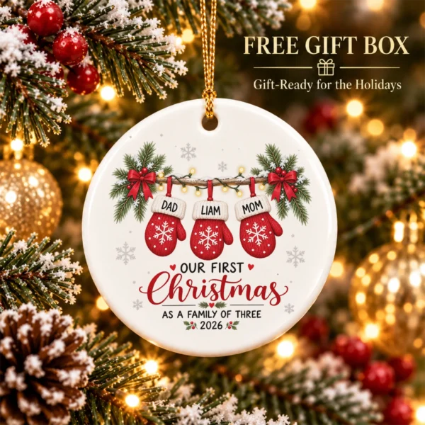 Personalized Name First Christmas As A Family of Three Ornament 2026 — alternate product mockup personalized name first christmas as a family of three ornament 2026 product image product photo