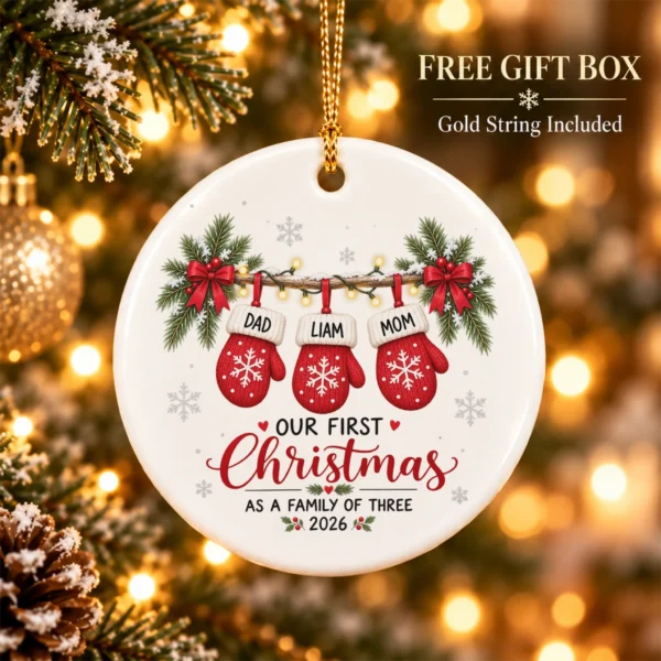 Personalized Name First Christmas As A Family of Three Ornament 2026 — alternate product mockup personalized name first christmas as a family of three ornament 2026 product image close-up detail