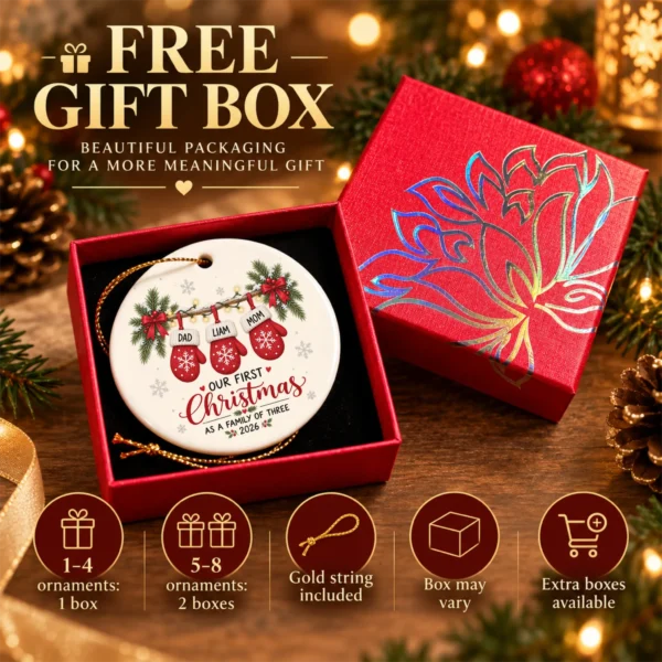 Personalized Name First Christmas As A Family of Three Ornament 2026 — alternate product mockup personalized name first christmas as a family of three ornament 2026 product image packaging view
