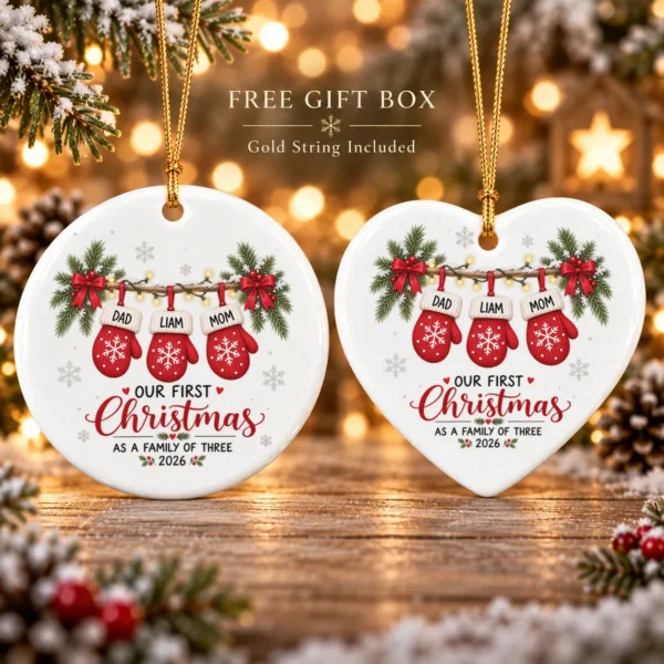 Personalized Name First Christmas As A Family of Three Ornament 2026 — alternate product mockup personalized name first christmas as a family of three ornament 2026 product image product photo