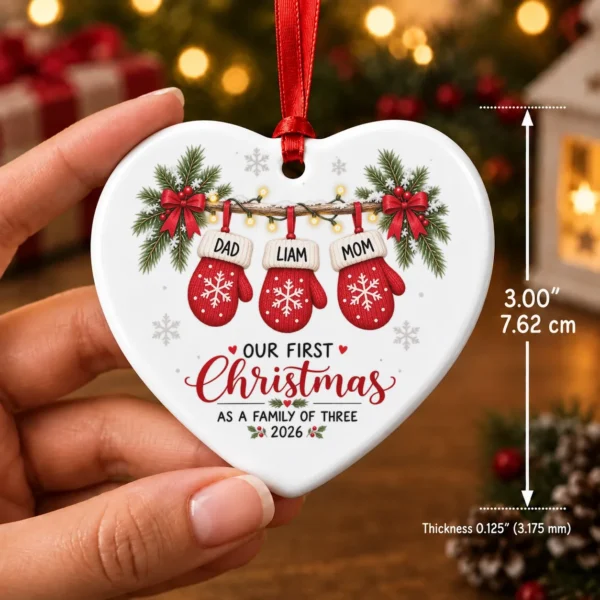 Personalized Name First Christmas As A Family of Three Ornament 2026 — alternate product mockup personalized name first christmas as a family of three ornament 2026 product image size detail