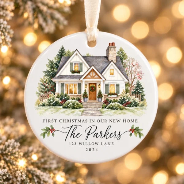 Personalized New Home Ornament, Custom Watercolor House Christmas Gift — alternate product mockup personalized new home ornament product image color options