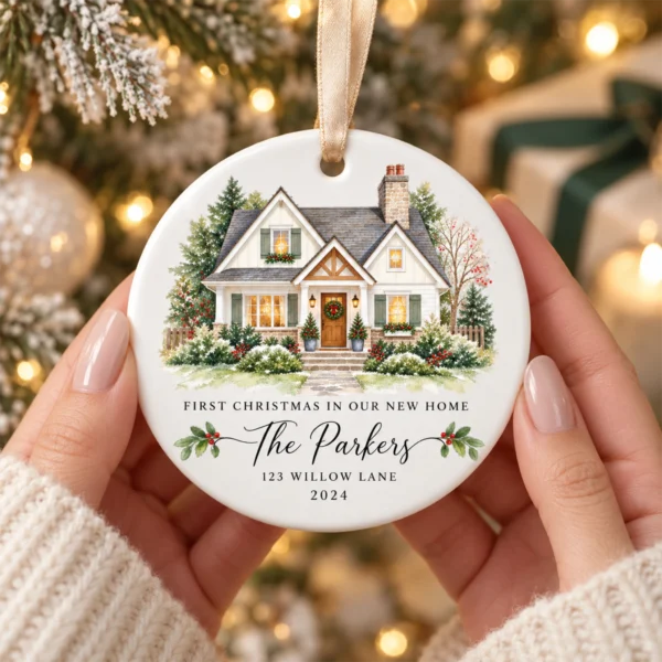 Personalized New Home Ornament, Custom Watercolor House Christmas Gift — alternate product mockup personalized new home ornament product image color options