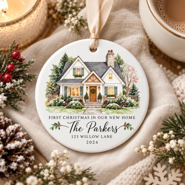 Personalized New Home Ornament, Custom Watercolor House Christmas Gift — alternate product mockup personalized new home ornament product image color options