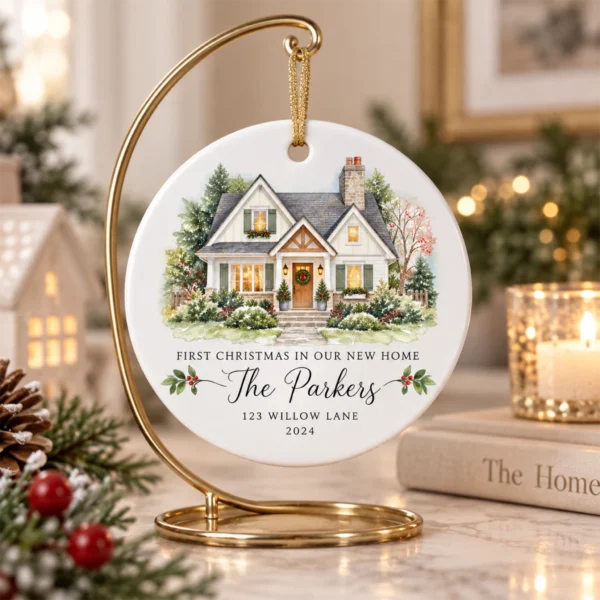 Personalized New Home Ornament, Custom Watercolor House Christmas Gift — alternate product mockup personalized new home ornament product image color options