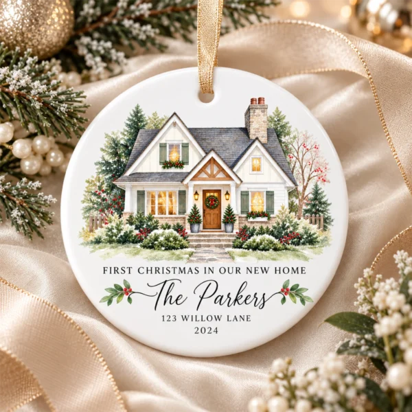 Personalized New Home Ornament, Custom Watercolor House Christmas Gift — alternate product mockup personalized new home ornament product image color options