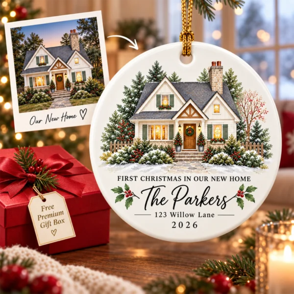 Personalized New Home Ornament, Custom Watercolor House Christmas Gift — alternate product mockup personalized new home ornament product image color options