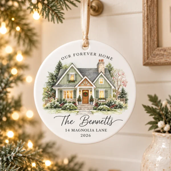 Personalized New Home Ornament, Custom Watercolor House Christmas Gift — alternate product mockup personalized new home ornament product image color options