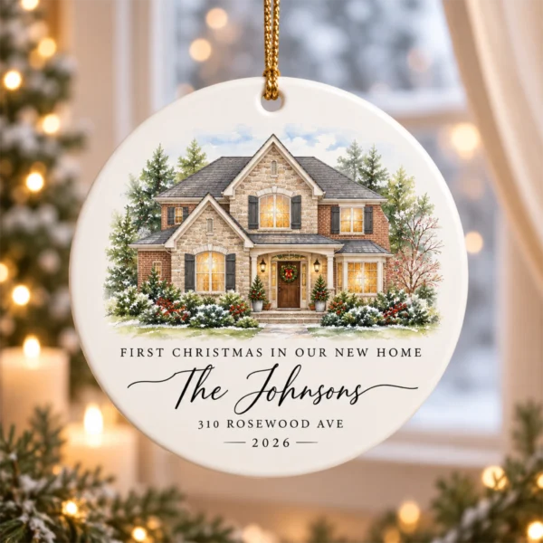 Personalized New Home Ornament, Custom Watercolor House Christmas Gift — alternate product mockup personalized new home ornament product image color options