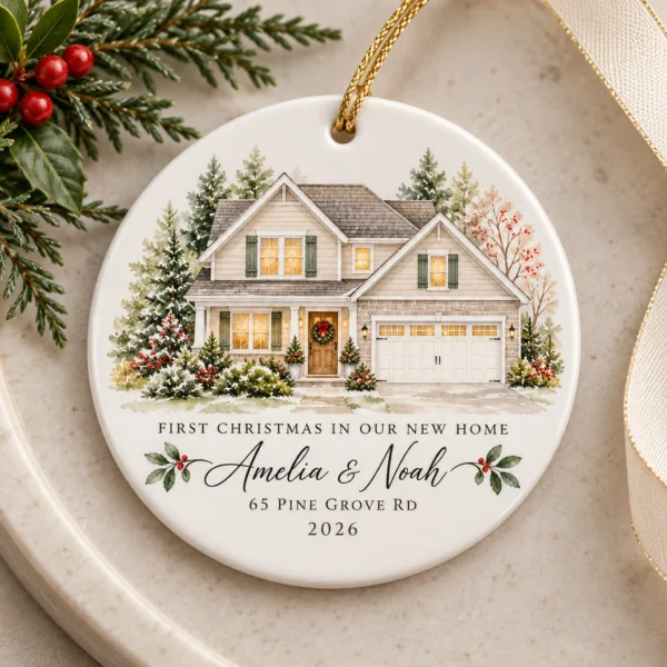 Personalized New Home Ornament, Custom House Portrait Christmas Gift — alternate product mockup personalized new home ornament product image lifestyle scene