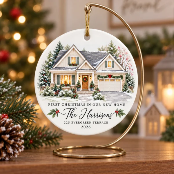 Personalized New Home Ornament, Custom House Portrait Christmas Gift — alternate product mockup personalized new home ornament product image close-up detail