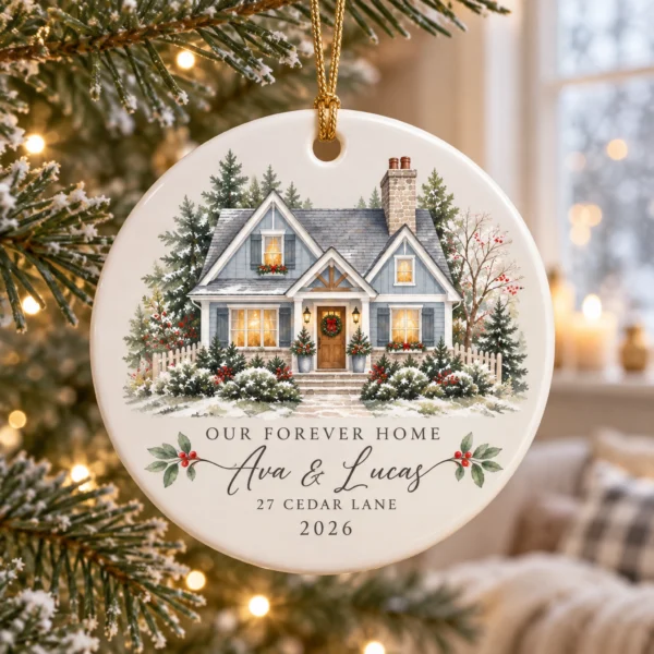 Personalized New Home Ornament, Custom House Portrait Christmas Gift — alternate product mockup personalized new home ornament product image styled product photo