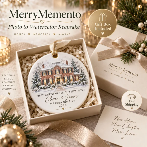 Personalized New Home Ornament, Custom House Portrait Christmas Gift — alternate product mockup personalized new home ornament product image alternate angle