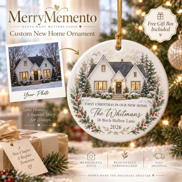 Personalized New Home Ornament, Custom House Portrait Christmas Gift — alternate product mockup personalized new home ornament product image product photo