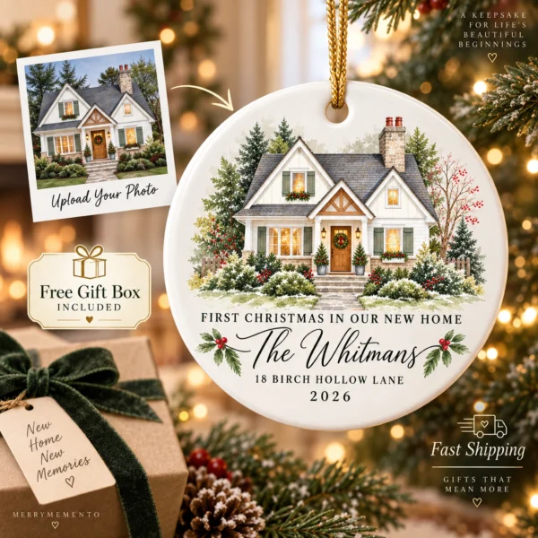 Personalized New Home Ornament, Custom House Portrait Christmas Gift — alternate product mockup personalized new home ornament product image product photo