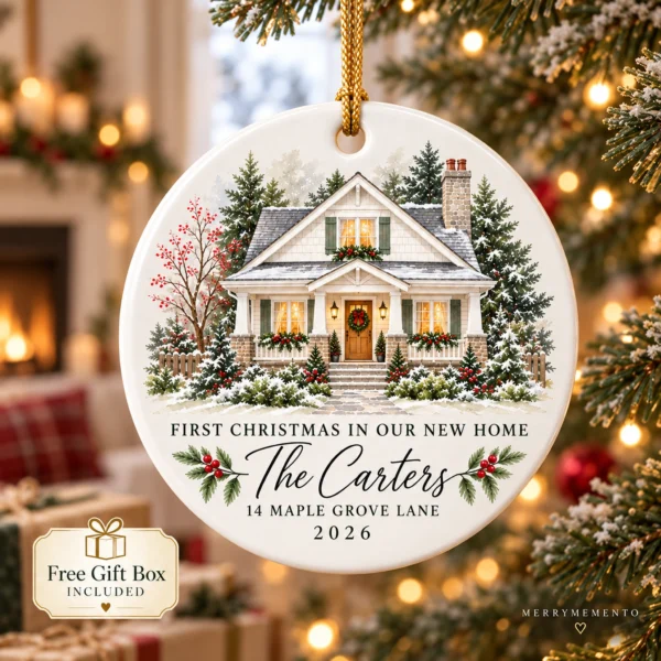 Personalized New Home Ornament, Custom House Portrait Christmas Gift — alternate product mockup personalized new home ornament product image product photo