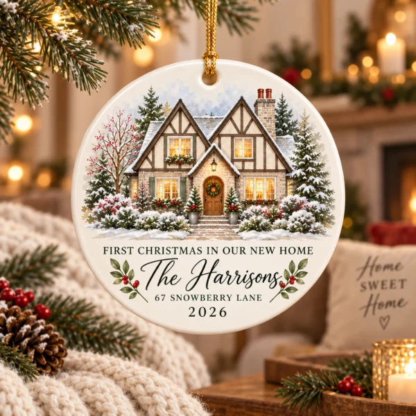 Personalized New Home Ornament, Custom House Portrait Christmas Gift — alternate product mockup personalized new home ornament product image product photo