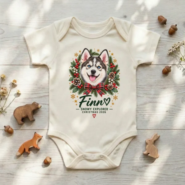 Personalized Pet Photo Baby Bodysuit, Watercolor Christmas Gift 2026 — baby bodysuit mockup personalized pet photo baby bodysuit color options